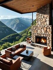 A modern home interior featuring a fireplace and scenic mountain view creates warm, elegant vibes.