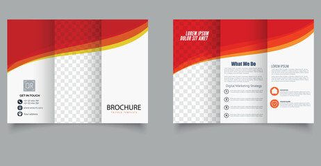 Orange trifold brochure with shapes, waves. Ready Brochure. Editable image.