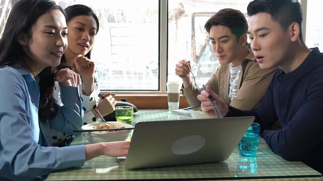Group of office teamwork, food and documents with a business team colleague planning, meeting to discuss strategy. Collaboration, idea and technology with a employee, coworker working as a team