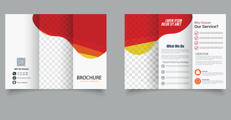 Orange trifold brochure with shapes, waves. Ready Brochure. Editable image.