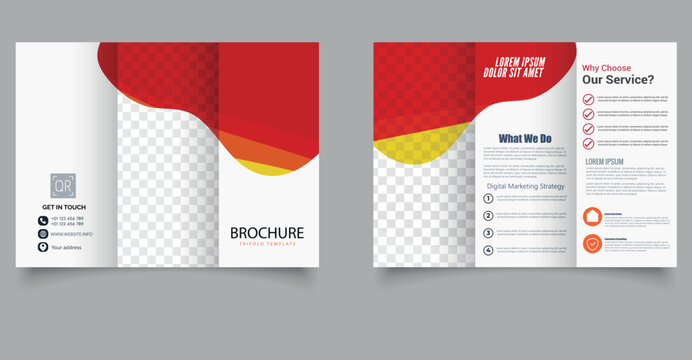 Orange trifold brochure with shapes, waves. Ready Brochure. Editable image.