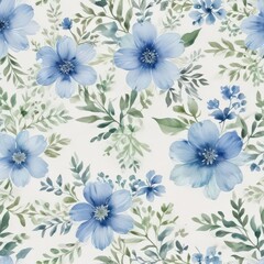 Fototapeta premium Creamy white background, delicate blue & green watercolor floral pattern , floral pattern background, texture, nature