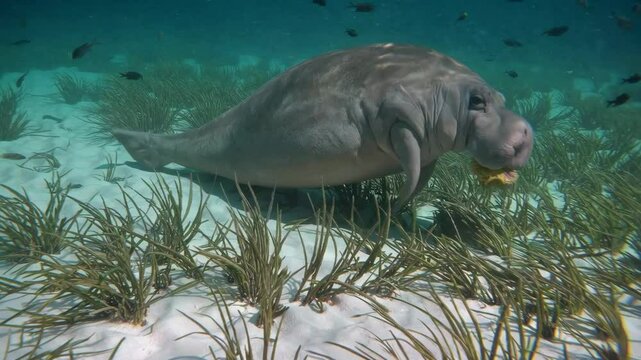 Graceful dugong gliding over seagrass in clear ocean waters