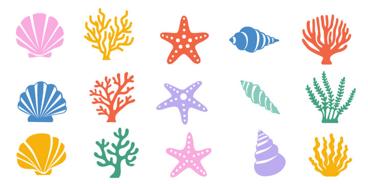 Underwater coral and seaweed, shells, vector cartoon on a white background.Vector eps 10