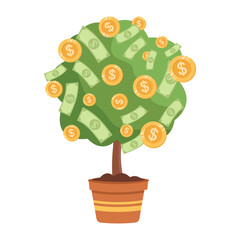 Money tree growing in a pot with gold coins and green dollar banknotes. Vector isolated on white.