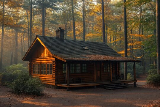 Old wooden house in the autumn forest with sun rays and fog