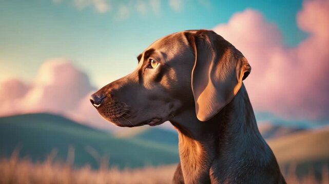 A portrait featuring a dog observing an object in the distance.