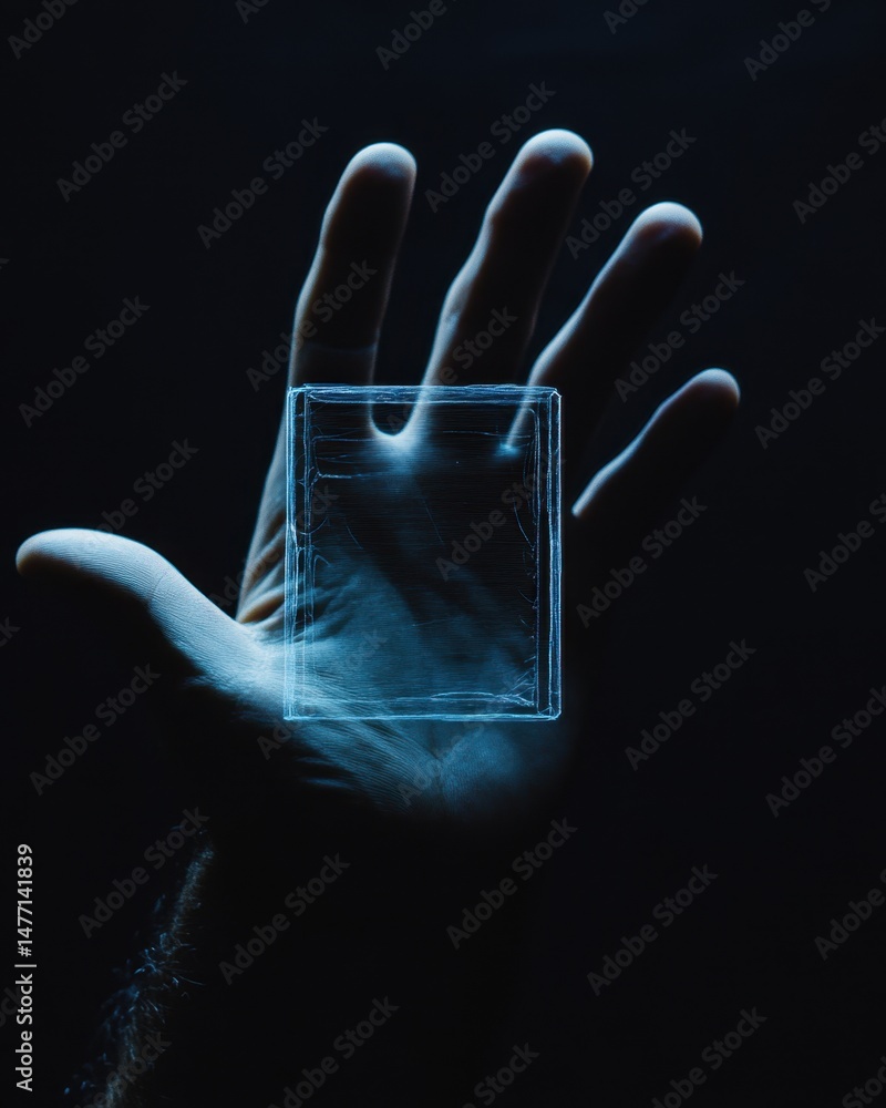 Poster hand holding glowing cube in dark studio shot; futuristic technology concept; close-up view of palm 