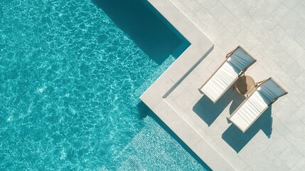 Aerial view of luxury swimming pool with turquoise water and deck chairs for summer vacation getaway