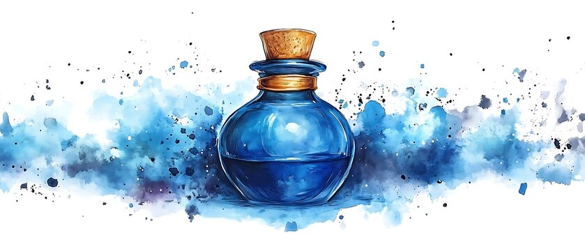 Blue potion bottle, watercolor splash