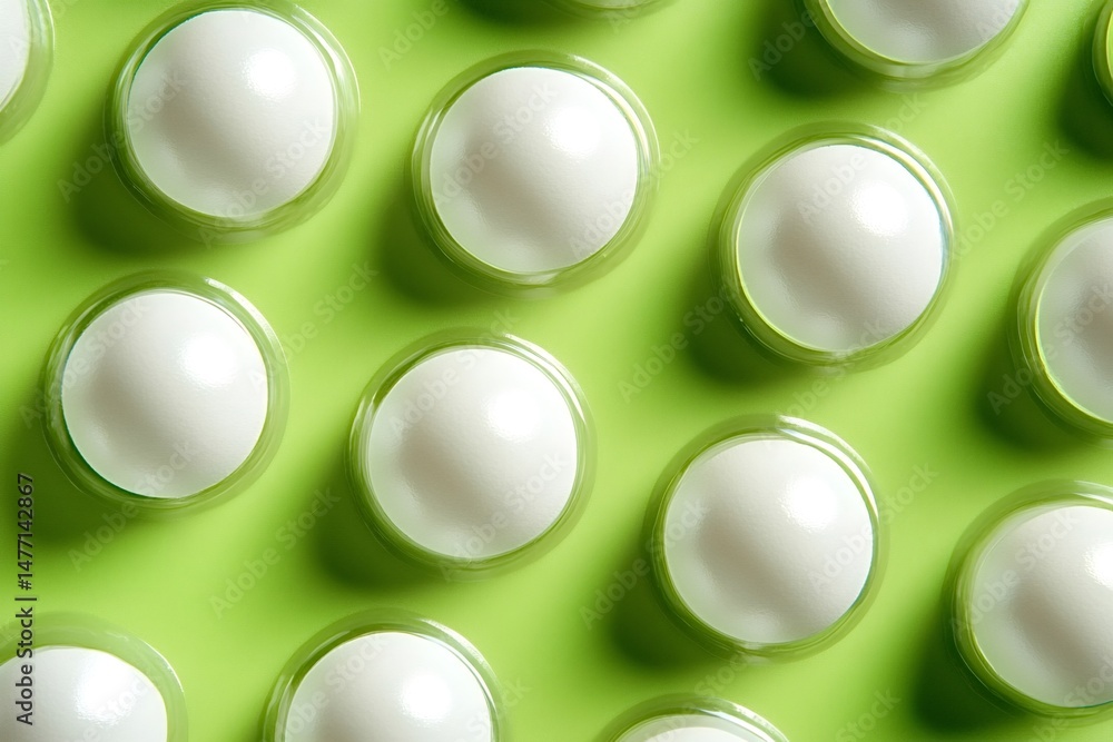 Poster white pills in a green blister pack are arranged in a regular grid, creating a visually appealing pa