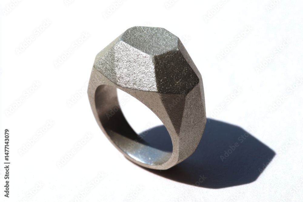 Poster an eye-level close-up studio shot of a geometric gray ring, casting shadow, isolated on white, showc
