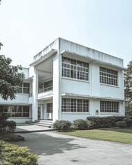 Fototapeta premium Modernist building exterior daytime view from ground level featuring white facade and grid windows in Asia