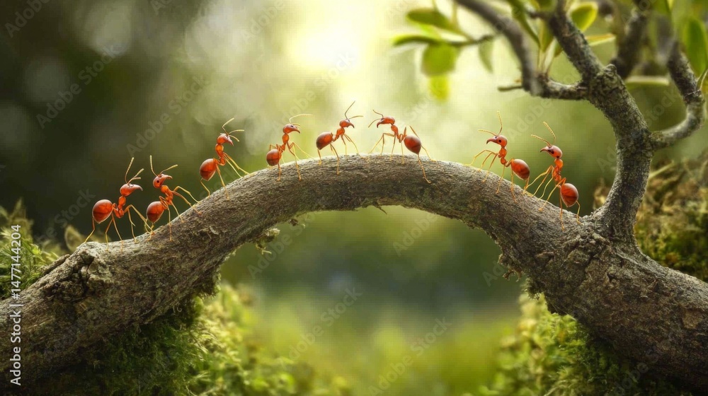 Poster macro view of red ants forming a bridge between two twigs with teamwork on display