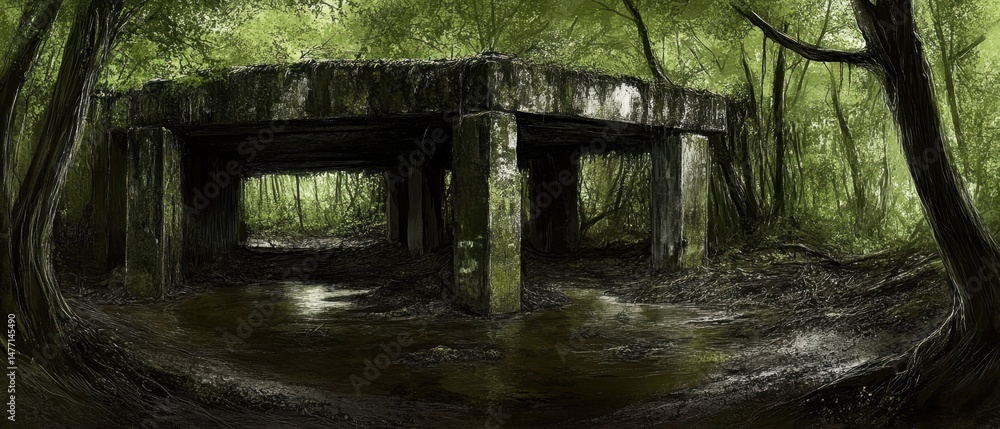 Poster Overgrown Concrete Structure in Forest Landscape View of Abandoned Building in Woods with Trees and Mossy Pillars
