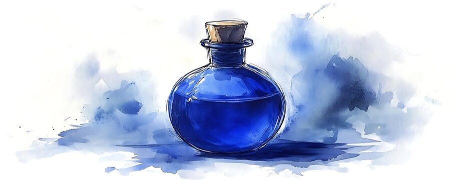 Blue potion bottle, watercolor splash. Fantasy game