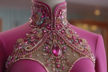 Fototapeta premium Close-up shot of a vibrant pink evening gown adorned with intricate gemstone embellishments, showcasing exquisite craftsmanship and shimmering details for a sophisticated and glamorous look.