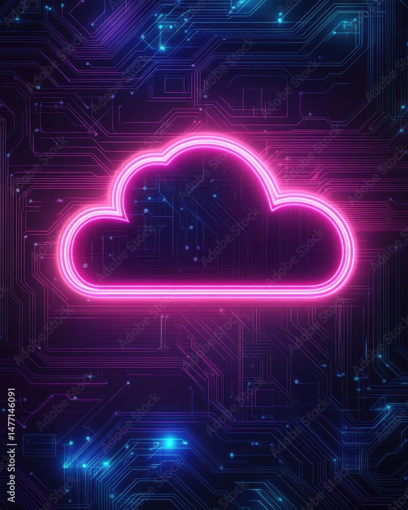 Poster glowing cloud computing concept on circuit board background in cyberpunk style for technology and in