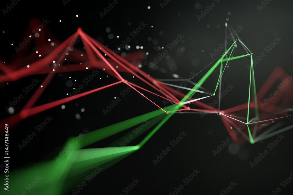 Fototapete Dynamic abstract illustration of bright, intersecting lines in red and green tones with a dark backdrop showcasing futuristic design elements
