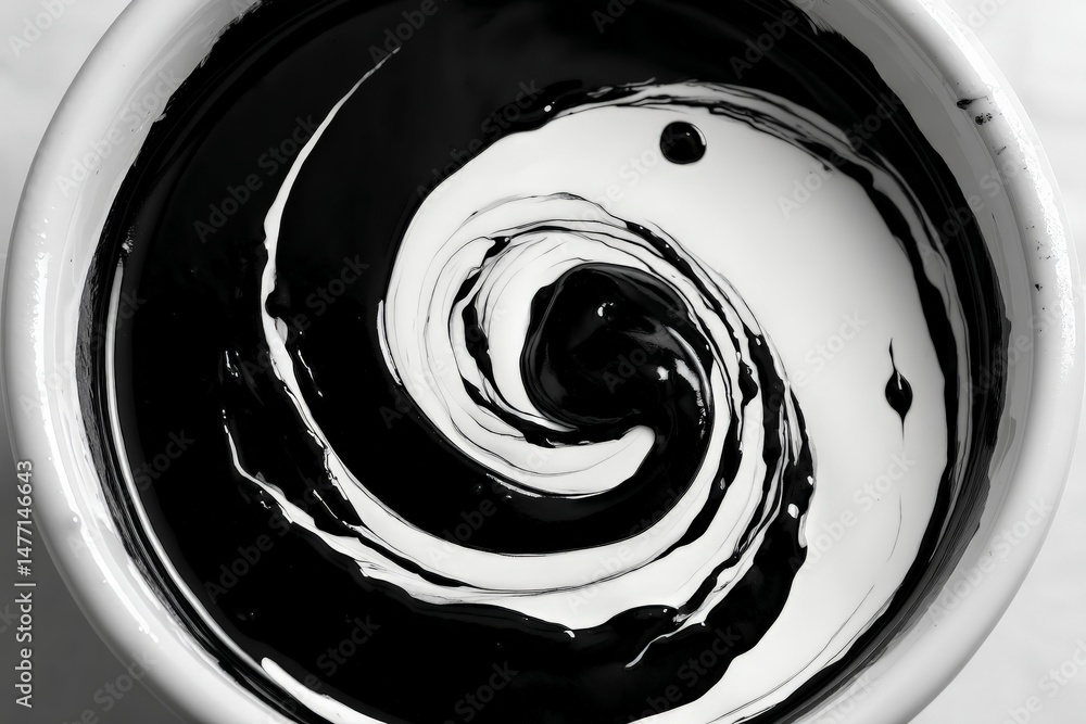 Fototapete swirling black and white paint in a round container creates a captivating pattern in an artistic wor