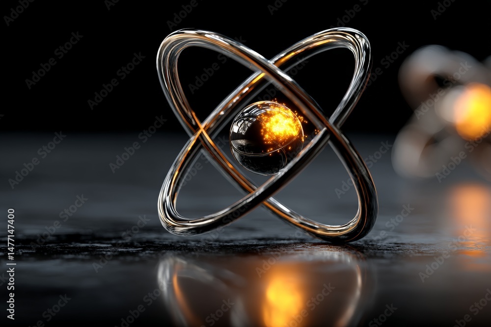 Poster Conceptual representation of an atom with glowing nucleus on dark background showcasing science and technology in modern art