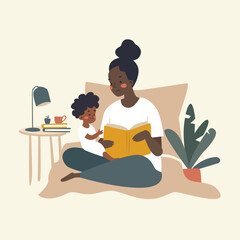Mother and child reading book together. african-american Mom and boy kid relax with fairytale book. Family time. Flat vector illustration isolated on white background