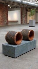 Sculptural Installation Featuring Wood and Stone Cylinders in a Gallery Space with Brick Wall
