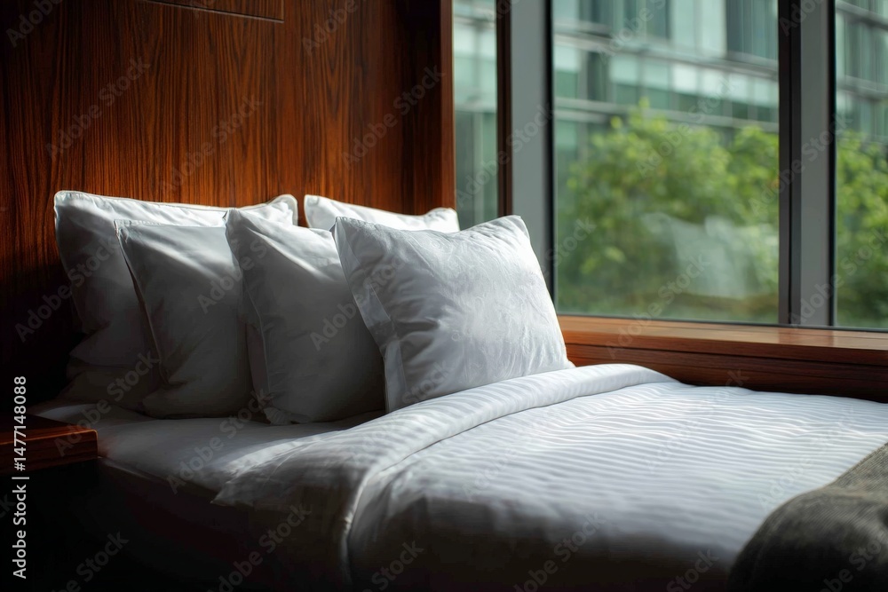Aufkleber Cozy bedroom setting with plush pillows by a large window overlooking a serene view of greenery