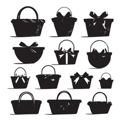 set of black Gift Baskets vector silhouettes isolated on white background