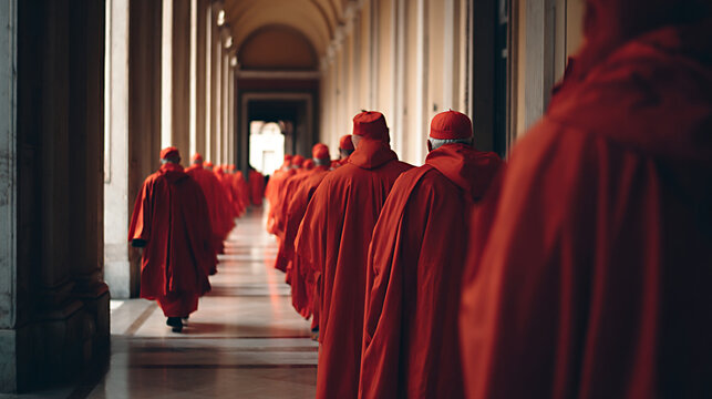 A group of cardinals in red mitres and burgundy robes, seen from behind at a papal conclave outside the Vatican Palace, with soft sunlight creating dramatic highlights and shadows