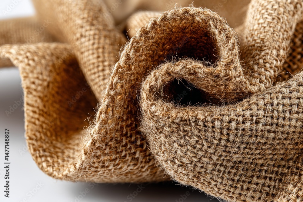 Poster Textile close-up of natural jute fabric showcasing intricate weave and texture under soft lighting