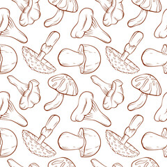 Seamless pattern of line art style mushroom fly agaric, Boletus, Chanterelle, Niscalo, Shiitake on a white background. Ideal for food packaging, textile, print and organic design.
