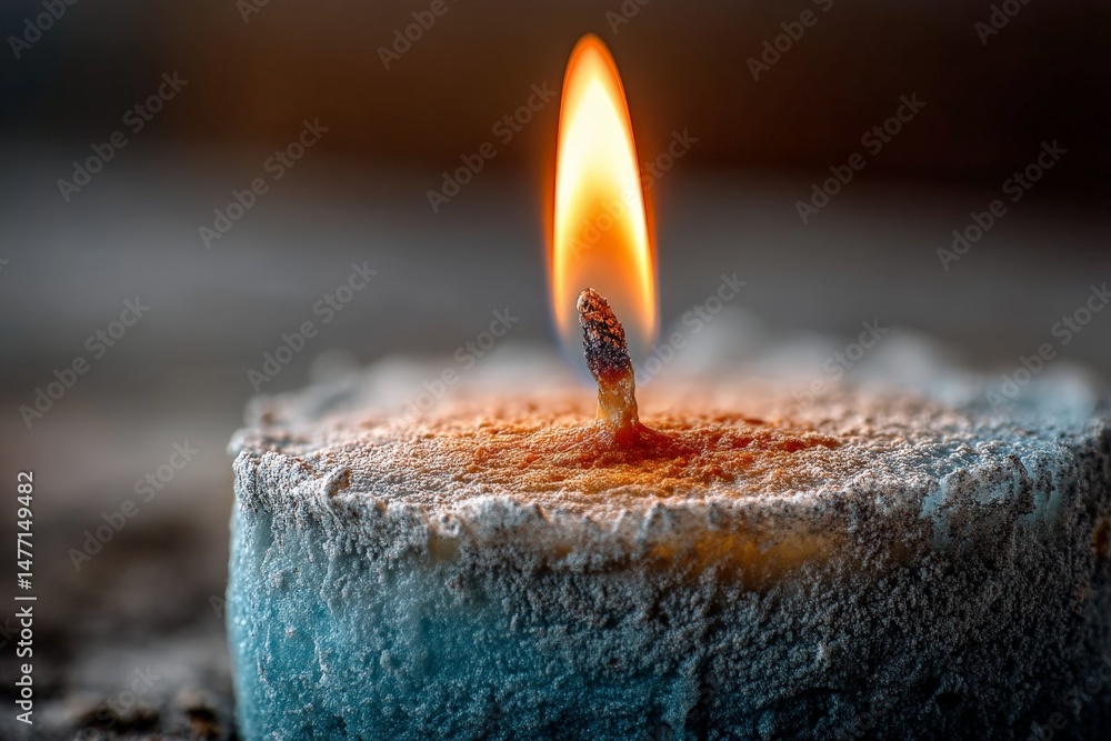 Poster close-up of a blue candle burning softly in a dimly lit setting with warm glow and textured surface