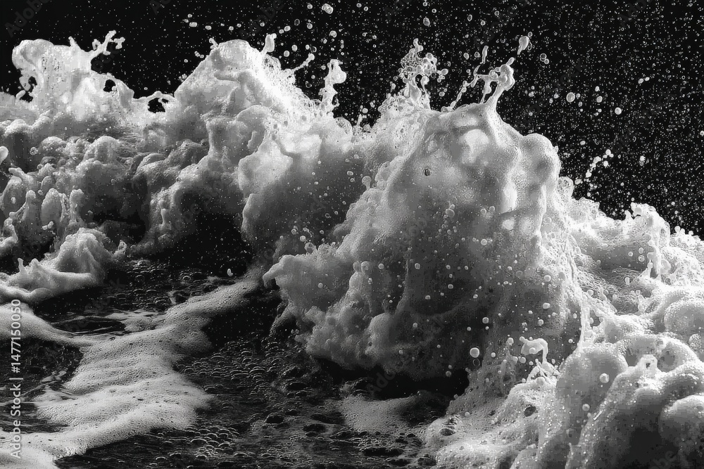 Aufkleber powerful ocean waves crash against the shore creating dramatic splashes and foam in black and white 