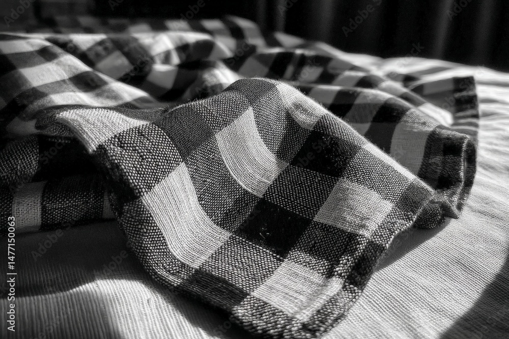 Aufkleber black and white checkered fabric draped casually on a surface in soft natural light