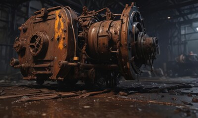 Water stains, peeling paint, rusted machinery in dim light ,  heavy industry,  ominous