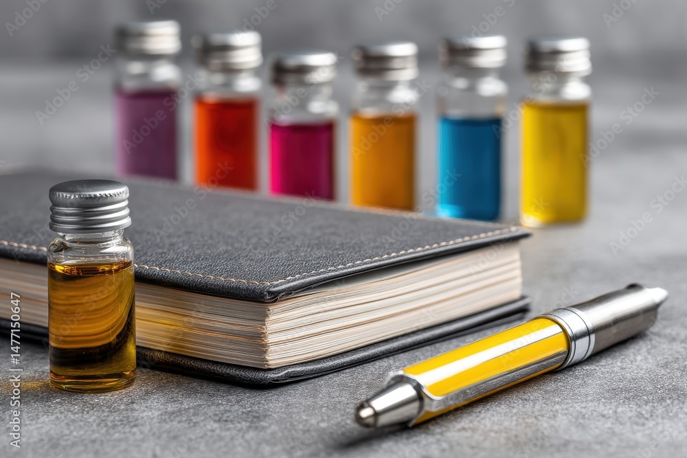 Poster creative workspace showcasing colorful liquid filled bottles next to a notebook and pen, capturing t