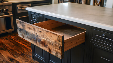 Kitchen Island Drawer: An open kitchen island drawer showcases the natural beauty of aged wood. Its interior is revealed, capturing the essence of craftsmanship, and rustic charm. 