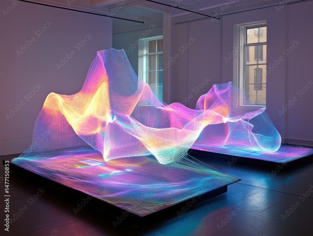 Poster light installation art exhibit in gallery space minimalist style two displays with colorful light wa