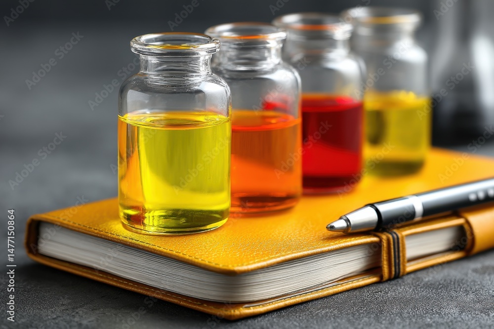 Poster colorful liquids in glass bottles on a yellow notebook with pen, creating a visually appealing scien
