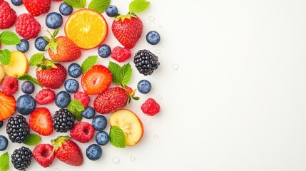 Colorful assorted fresh berries fruit background. Healthy nutrition organic food with summer strawberry, blueberry, raspberry, blackberry, orange, peach and leaf. Natural diet, juicy dessert, vibrant