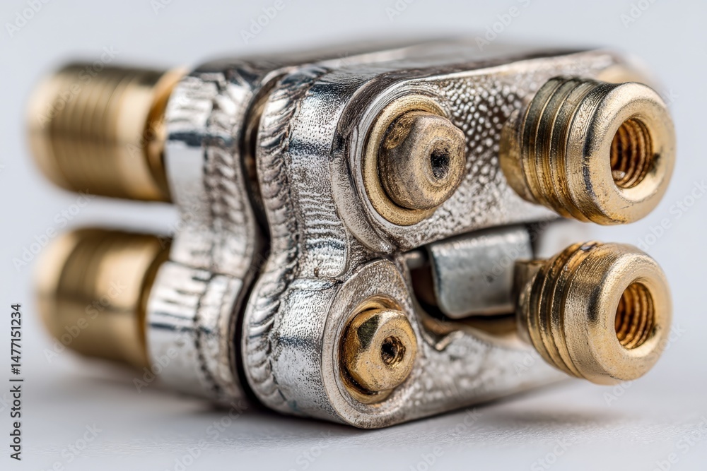 Aufkleber close-up view of a metallic connector featuring gold accents, showcasing intricate details of its de