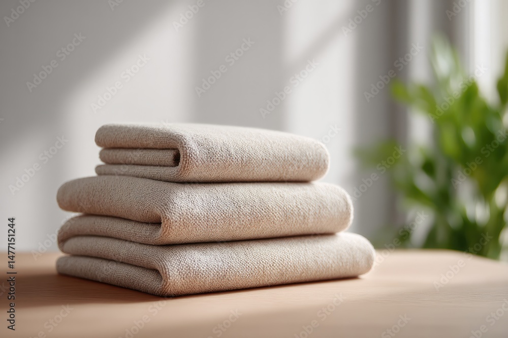 Poster showcase neutral-toned minimalistic living space featuring neatly arranged stack of assorted home te
