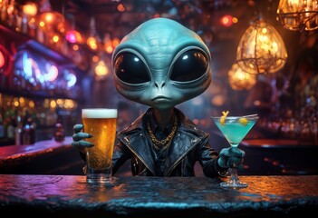 a strikingly detailed digital rendering depicts a gray alien, clad in a leather jacket and gold chain, enjoying a beer and a cocktail at a vibrant, bustling bar.