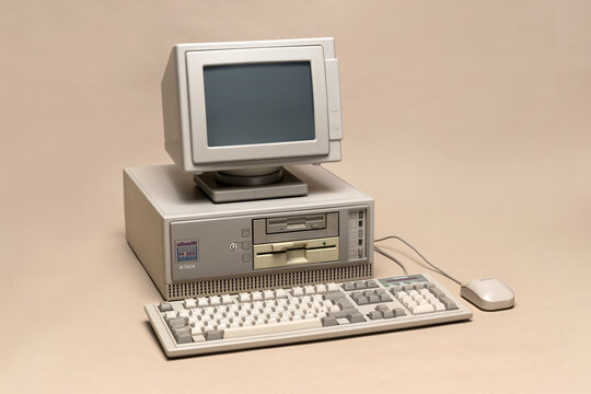 Pavia, Lombardy, Italy - March 13, 2025: Olivetti M300 Personal Computer, from 1988 at MUSDI Museum. It was one of the earlier Multimedia Pc experiments by Olivetti.