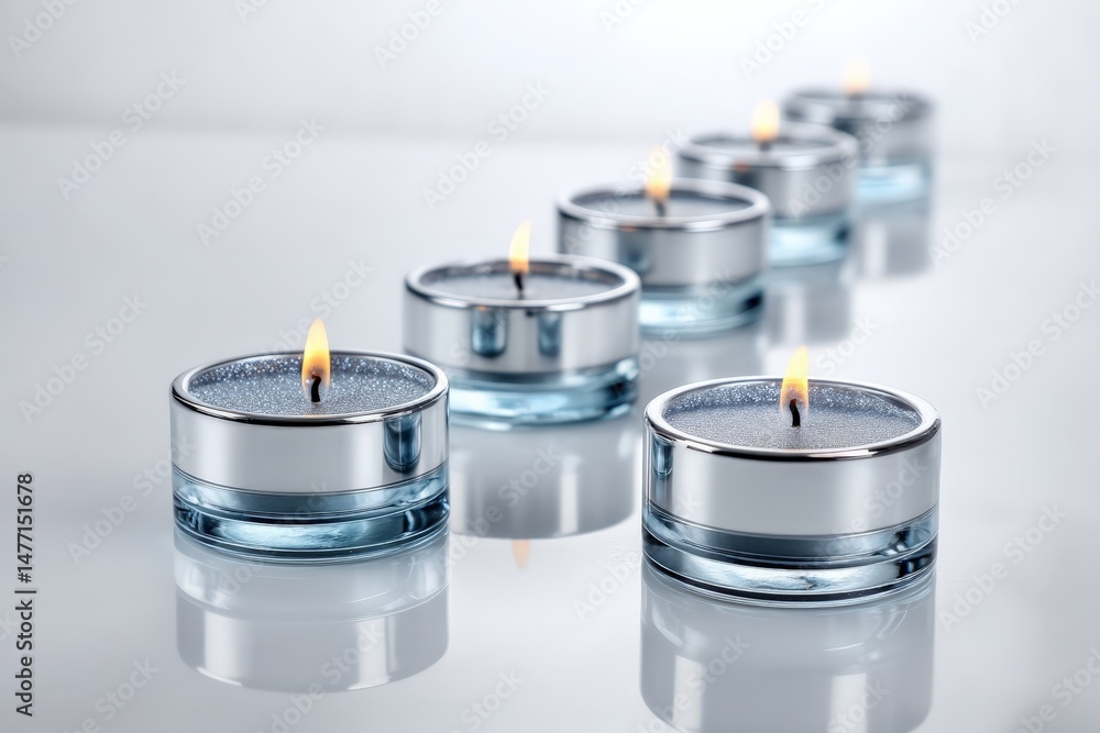 Poster Multiple tealight candles arranged in a row casting a warm glow on a reflective surface in a serene setting