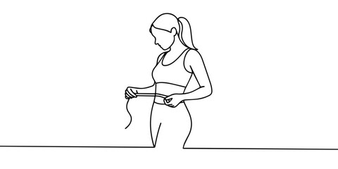 continuous line drawing of woman dieting.single line vector happy woman successful dieting.line art woman dieting .isolated white background
