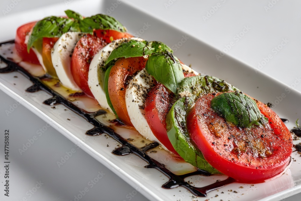 Aufkleber fresh tomato and mozzarella salad with basil and balsamic drizzle served on a white plate