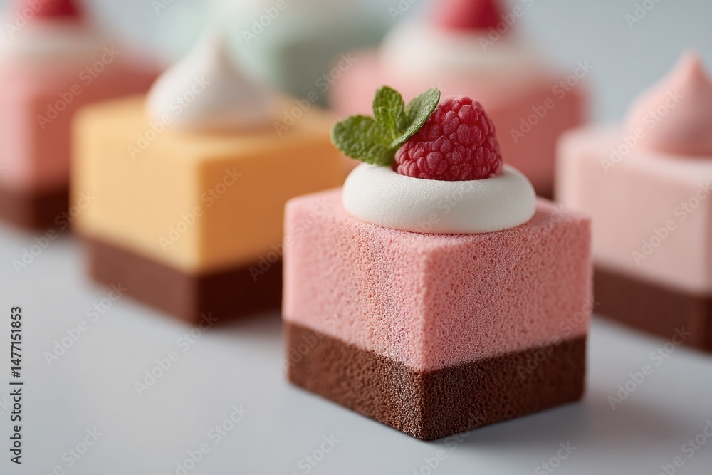 Poster showcase assortment of minimalistic desserts neatly arranged on clean white surface to highlight the