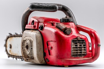 Chainsaw with a red exterior and detailed components on a neutral background